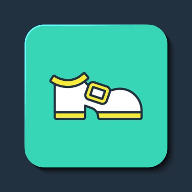 Leprikon bot simgesi mavi arkaplanda izole edildi. Aziz Patrick gününüz kutlu olsun. Ulusal İrlanda bayramı. Turkuaz kare düğme. Vektör