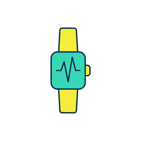Gevulde omtrek Smart horloge met hartslag pictogram geïsoleerd op witte achtergrond. Fitness App concept. Vector — Stockvector