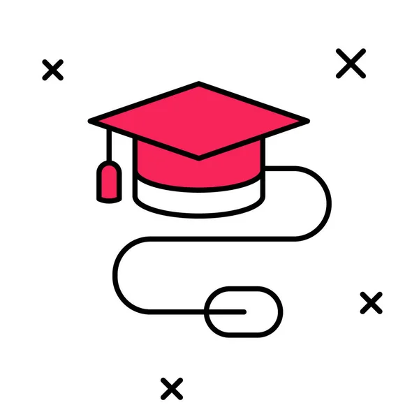 Beyaz arkaplanda izole edilmiş fare simgesiyle ana hatları doldurulmuş mezuniyet başlığı. Dünya eğitim sembolü. Çevrimiçi öğrenme ya da e-öğrenme kavramı. Vektör — Stok Vektör