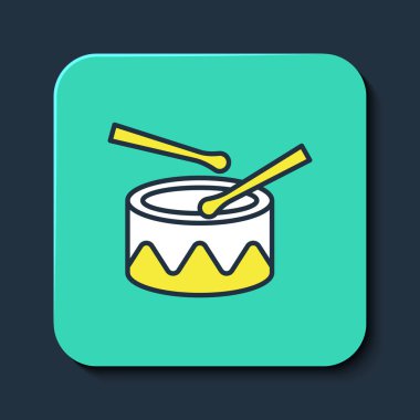 Mavi arkaplanda izole edilmiş baget çubukları simgesi ile ana hatlarıyla doldurulmuş. Müzik işareti. Müzik aleti sembolü. Turkuaz kare düğme. Vektör