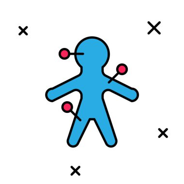 Beyaz arka planda izole edilmiş ana hatlı Voodoo bebek simgesi. Vektör