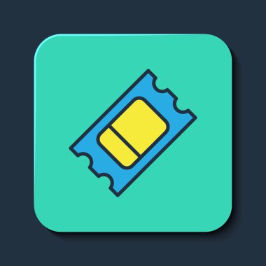 Doldurulmuş ana hatlı sirk bileti simgesi mavi arka planda izole edildi. Eğlence parkı. Turkuaz kare düğme. Vektör