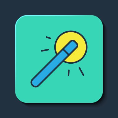 Doldurulmuş sihirli değnek simgesi mavi arkaplanda izole edildi. Yıldız şeklinde sihirli aksesuar. Sihirli güç. Mutlu Cadılar Bayramı Partisi. Turkuaz kare düğme. Vektör