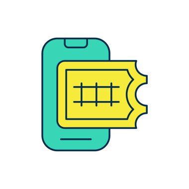 Çevrimiçi bilet rezervasyonu ve uygulama arayüzü simgesi alımı beyaz arkaplanda izole edildi. E-bilet siparişi. Elektronik tren bileti ekranda. Vektör