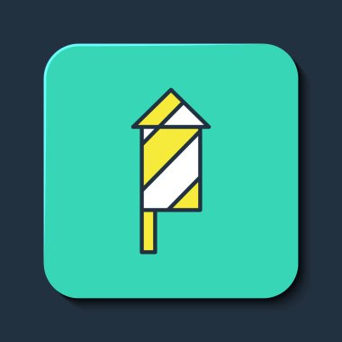 Mavi arka planda izole edilmiş ana hatlı Firework roket ikonu. Eğlence partisi anlayışı. Patlayıcı havai fişek sembolü. Turkuaz kare düğme. Vektör