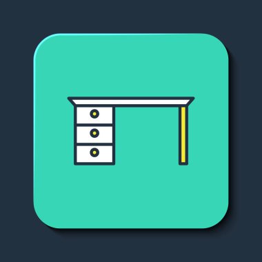 Doldurulmuş ofis masası simgesi mavi arkaplanda izole edildi. Turkuaz kare düğme. Vektör