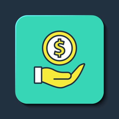 Taslak Para, mavi arkaplanda izole edilmiş kalkan simgesi ile dolduruldu. Sigorta konsepti. Güvenlik, güvenlik, koruma, konsept koruma. Turkuaz kare düğme. Vektör