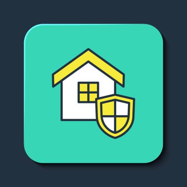 Mavi arka planda izole edilmiş, ana hatları kalkan simgesiyle dolu bir ev. Sigorta konsepti. Güvenlik, güvenlik, koruma, konsept koruma. Turkuaz kare düğme. Vektör