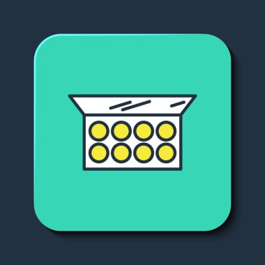 Mavi arka planda izole edilmiş ayna ikonuyla doldurulmuş makyaj tozu. Turkuaz kare düğme. Vektör