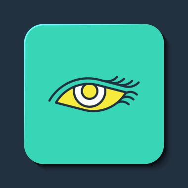Mavi arka planda izole edilmiş güzel kadın göz simgesi. Turkuaz kare düğme. Vektör