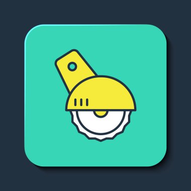 Mavi arka planda izole edilmiş çelik dişli disk ikonu ile elektrik testeresi ile doldurulmuş. Tahta ya da metal kesmek için elektrikli el aleti. Turkuaz kare düğme. Vektör