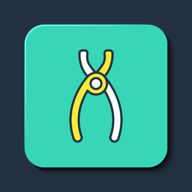 Doldurulmuş dış hat diş pensesi simgesi mavi arkaplanda izole edildi. Diş aletleri. Turkuaz kare düğme. Vektör