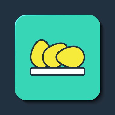 Doldurulmuş tavuk yumurtası simgesi mavi arka planda izole edilmiş. Turkuaz kare düğme. Vektör