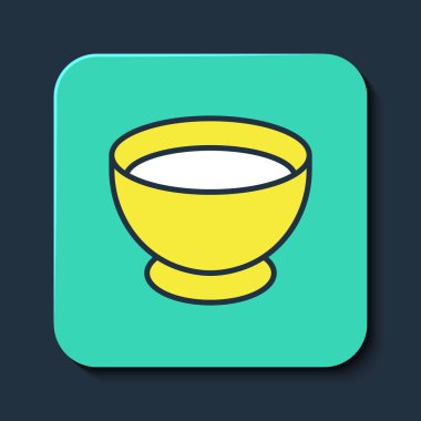 Mavi arka planda izole edilmiş kabın içindeki Soya sosu. Turkuaz kare düğme. Vektör