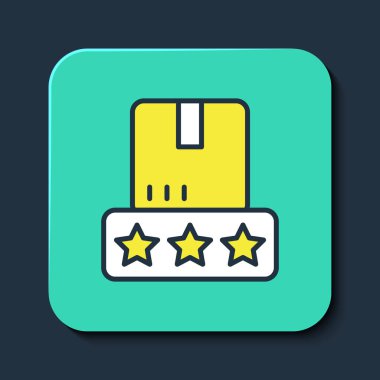 Doldurulmuş ana hatlı tüketici veya müşteri ürün değerlendirme simgesi mavi arkaplanda izole edildi. Turkuaz kare düğme. Vektör