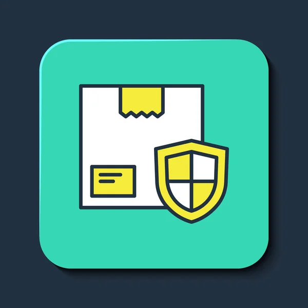 Filled outline Delivery security with shield icon isolated on blue background. Delivery insurance. Insured cardboard boxes beyond the shield. Turquoise square button. Vector — 图库矢量图片