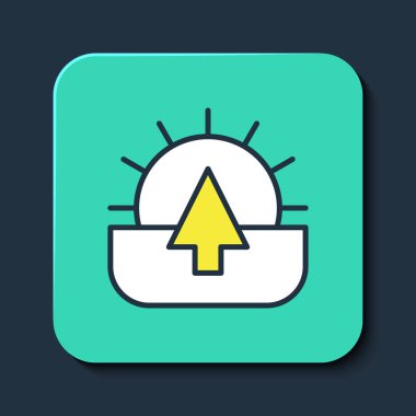 Doldurulmuş Sunrise simgesi mavi arkaplanda izole edildi. Turkuaz kare düğme. Vektör