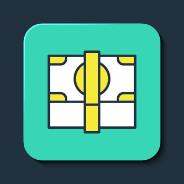 Doldurulmuş kağıt yığınları para para ikonu mavi arka planda izole. Para desteleri. Para birimi. Turkuaz kare düğme. Vektör