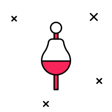 Doldurulmuş ana hatlı Balıkçılık şamandırası simgesi beyaz arkaplanda izole edildi. Balık oltası. Vektör