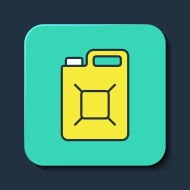 Mavi arka planda izole edilmiş benzin ikonu için ana hatlı teneke kutu. Dizel gaz ikonu. Turkuaz kare düğme. Vektör