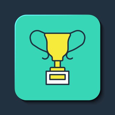 Taslak doldurulmuş ödül kupa simgesi mavi arkaplanda izole edildi. Galibiyet ödülü sembolü. Şampiyonluk ya da yarışma kupası. Spor başarısı işareti. Turkuaz kare düğme. Vektör