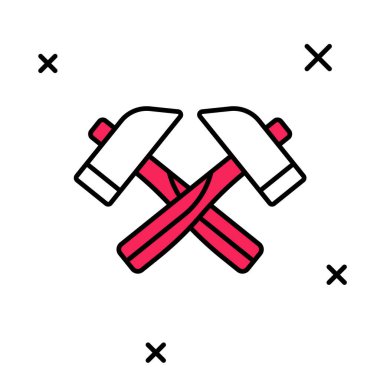 Doldurulmuş çizgili çapraz çekiç simgesi beyaz arkaplanda izole edilmiş. Tamir için bir araç. Vektör