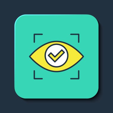 Doldurulmuş göz tarama simgesi mavi arkaplanda izole edildi. Göz taraması yapılıyor. Güvenlik kontrol sembolü. Siber göz işareti. Turkuaz kare düğme. Vektör
