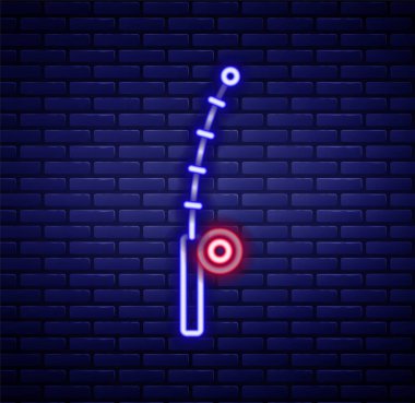 Işıldayan neon hattı Balıkçı Çubuğu simgesi tuğla duvar arkasında izole edildi. Büyük bir balık yakala. Balıkçılık ekipmanları ve balık çiftliği konuları. Renkli taslak konsepti. Vektör