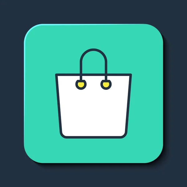 Filled outline Paper shopping bag icon isolated on blue background. Package sign. Turquoise square button. Vector — 图库矢量图片