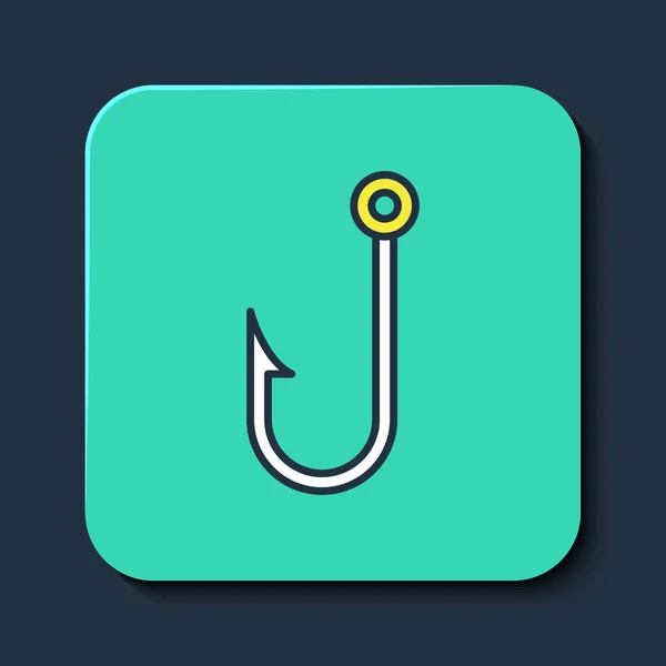 Contour rempli icône crochet de pêche isolé sur fond bleu. Matériel de pêche. Bouton carré turquoise. Vecteur — Image vectorielle