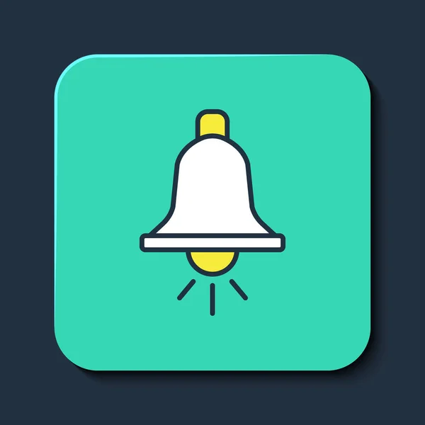 Filled outline Ringing alarm bell icon isolated on blue background. Fire alarm system. Service bell, handbell sign, notification symbol. Turquoise square button. Vector — Διανυσματικό Αρχείο