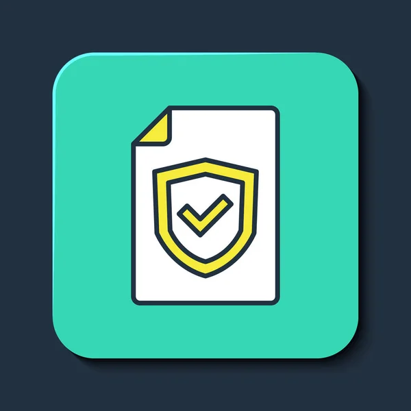 Filled outline Contract with shield icon isolated on blue background. Insurance concept. Security, safety, protection, protect concept. Turquoise square button. Vector — 图库矢量图片