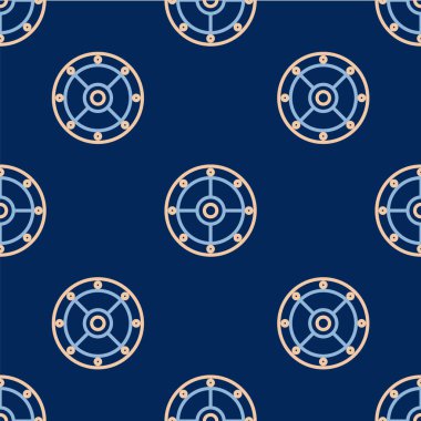 Çizgi yuvarlak kalkan simgesi mavi arkaplanda izole edilmiş kusursuz desen. Güvenlik, güvenlik, koruma, mahremiyet, koruma kavramı. Vektör