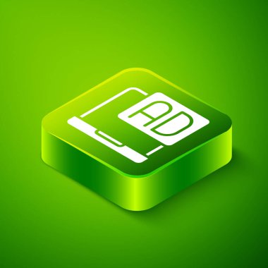 Isometric Reklam simgesi yeşil arkaplanda izole edildi. Pazarlama ve tanıtım süreci kavramı. İlgili reklamlar. Sosyal medya reklamcılığı. Yeşil kare düğmesi. Vektör