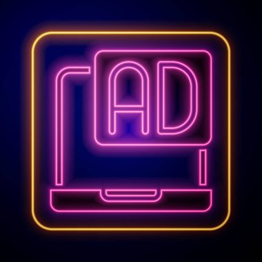 Parlayan neon reklam simgesi siyah arkaplanda izole edildi. Pazarlama ve tanıtım süreci kavramı. İlgili reklamlar. Sosyal medya reklamcılığı. Vektör