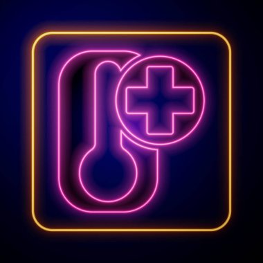 Parlayan neon meteoroloji termometresi siyah zeminde izole edilmiş ısı ve soğuk ikonu ölçüyor. Termometre termometresi sıcak ya da soğuk hava gösteriyor. Vektör