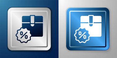 Mavi ve gri arka planda% 100 indirimli etiket ikonu olan beyaz karton kutu. Kutu, paket, paket işareti. Teslimat ve ambalaj. Gümüş ve mavi kare düğme. Vektör