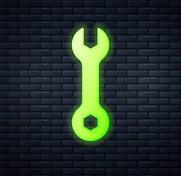 Λάμψη νέον κλειδί κλειδί εικονίδιο απομονώνονται σε φόντο τοίχο από τούβλα. Εργαλείο επισκευής κλειδιών. Σύμβολο εργαλείου υπηρεσίας. Διάνυσμα — Διανυσματικό Αρχείο