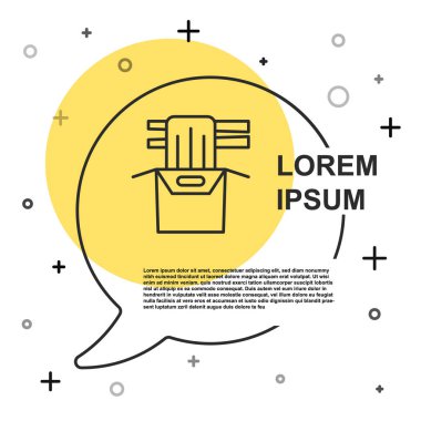 Kağıt kutuda siyah çizgi halinde Asya erişteleri ve beyaz arka planda izole edilmiş yemek çubukları ikonu. Sokak yemeği. Kore, Japon, Çin yemekleri. Rastgele dinamik şekiller. Vektör