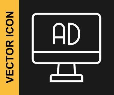 Beyaz çizgi reklam simgesi siyah arkaplanda izole edildi. Pazarlama ve tanıtım süreci kavramı. İlgili reklamlar. Sosyal medya reklamcılığı. Vektör