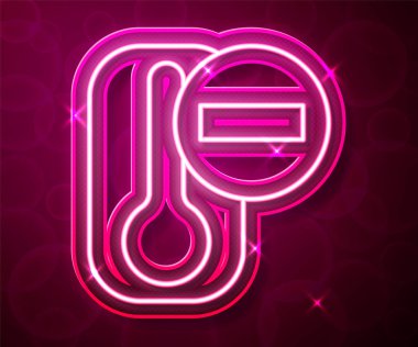 Parlayan neon hattı Meteoroloji termometresi ısıyı ve soğuk ikonu ölçüyor. Kırmızı arka planda izole edilmiş. Termometre termometresi sıcak ya da soğuk hava gösteriyor. Vektör