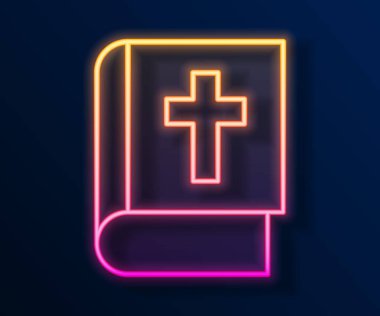 Parlayan neon hattı kutsal kitap ikonu siyah arka planda izole edildi. Vektör