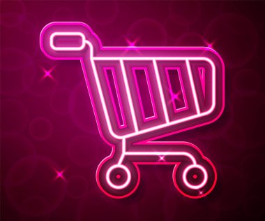 Parlayan neon hattı alışveriş arabası simgesi kırmızı arkaplanda izole edildi. İnternetten satın alma konsepti. Servis tabelası. Süpermarket sepeti sembolü. Vektör