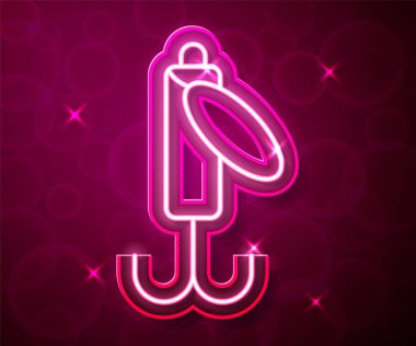 Parlayan neon hattı, balık yemi simgesi kırmızı arkaplanda izole edildi. Balık oltası. Vektör