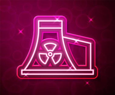 Parlayan neon hattı Nükleer Santral ikonu kırmızı arkaplanda izole edildi. Enerji endüstrisi konsepti. Vektör