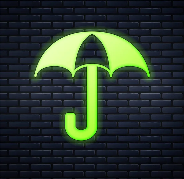 Zářící neon Umbrella ikona izolované na pozadí cihlové zdi. Pojištění. Vodotěsná ikona. Ochrana, bezpečnost, koncepce zabezpečení. Vektor — Stockový vektor