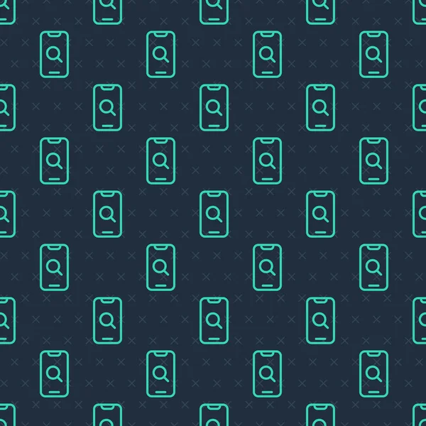 Grön linje Förstoringsglas och mobil ikon isolerade sömlösa mönster på blå bakgrund. Sök, fokusera, zooma, affärssymbol. Vektor — Stock vektor