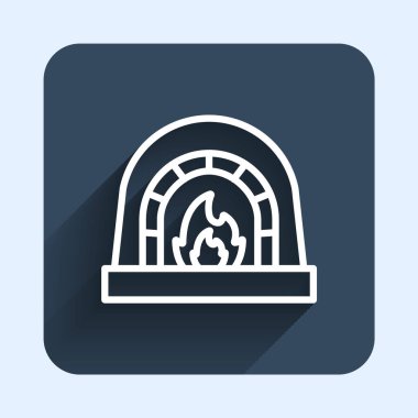 Beyaz çizgi Demirci fırın ikonu uzun gölge arkaplan izole. Mavi kare düğme. Vektör