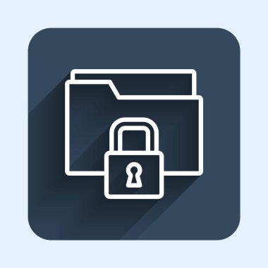 Beyaz çizgi Dizini ve kilit simgesi uzun gölge arkaplanı ile izole edildi. Kapalı dosya ve asma kilit. Güvenlik, güvenlik, koruma kavramı. Mavi kare düğme. Vektör