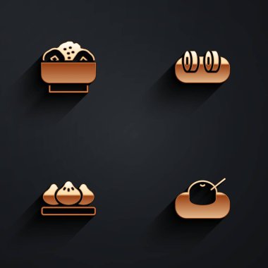 Chow mein 'i tabağa, Sushi' ye, Dumpling 'e ve uzun gölgeli Mochi ikonuna koyun. Vektör